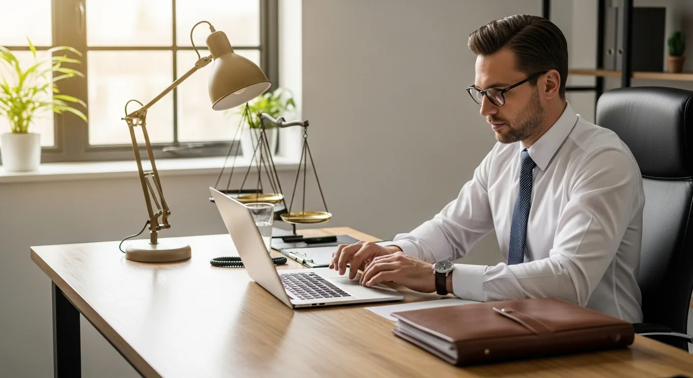 A male attorney manages domestic relations cases using specialized family law software on a laptop in a modern office.