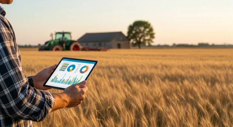 A farmer reviewing financial data on modern farm accounting software while standing in a wheat field.