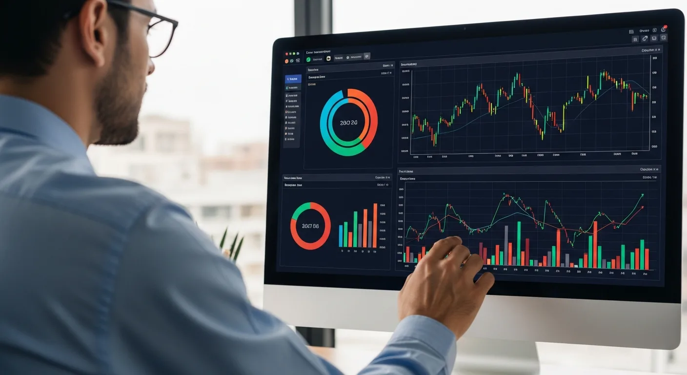 A professional man analyzing successful financial software development data on a high-tech computer monitor.