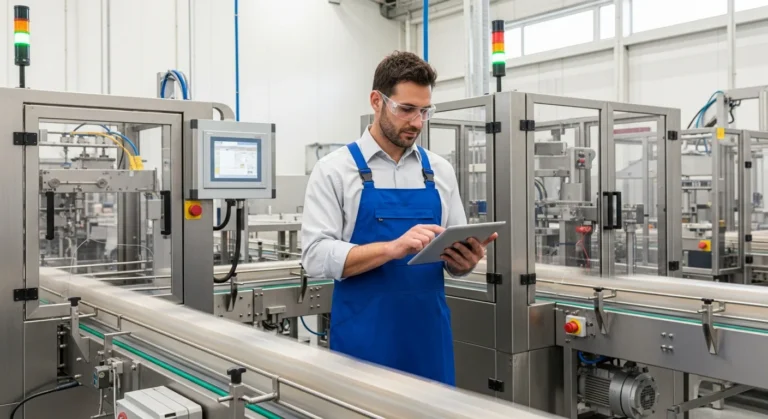A professional monitoring food manufacturing software on a tablet in a modern processing facility.