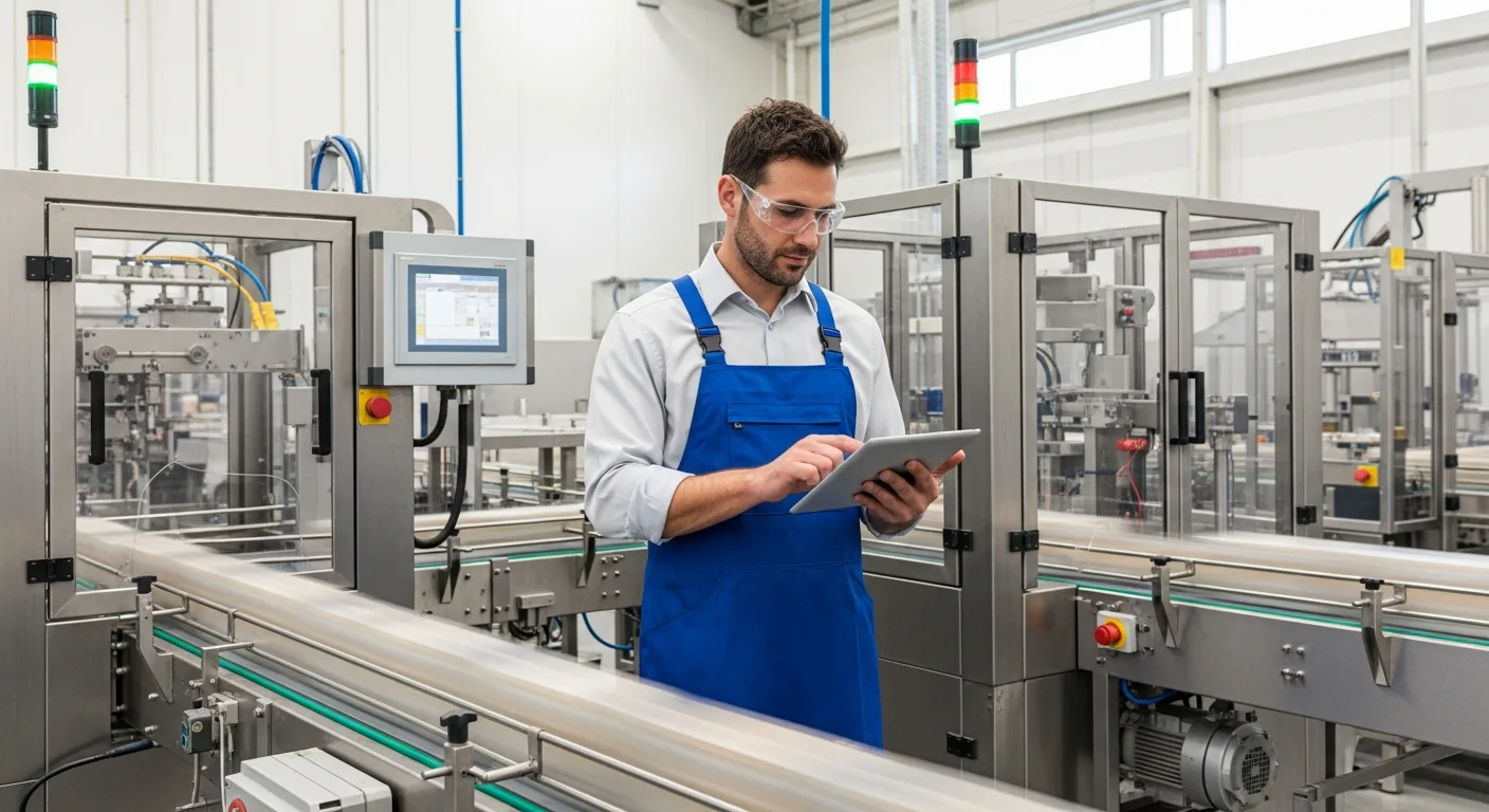 A professional monitoring food manufacturing software on a tablet in a modern processing facility.