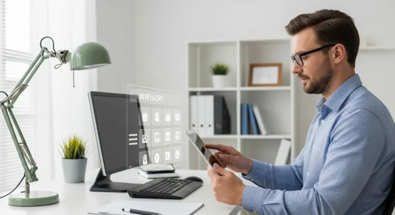A man using free asset management software to organize workplace inventory and streamline business operations.