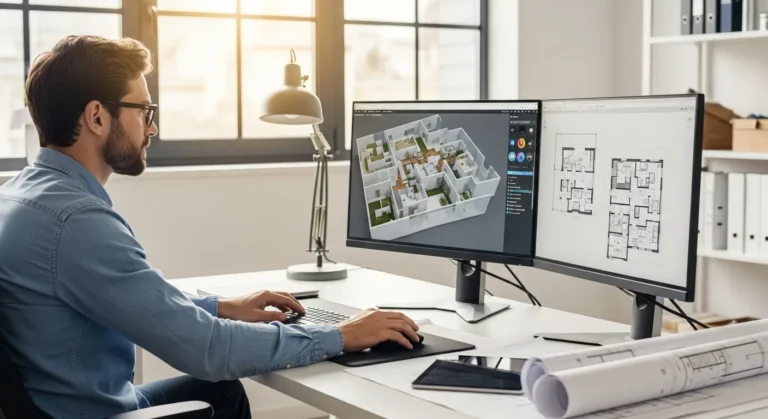A professional interior designer using free floor plan software to create a detailed 3D home layout on a desktop screen.