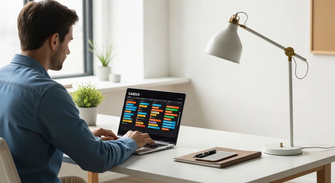 A professional man using free task management software on a laptop to organize project workflows.