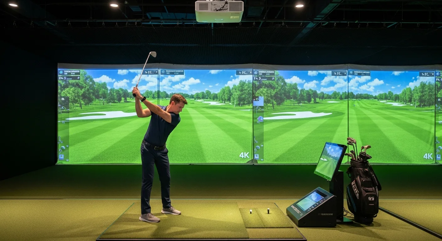Comparison of realistic golf simulator software visuals on a large projection screen in a modern home studio.