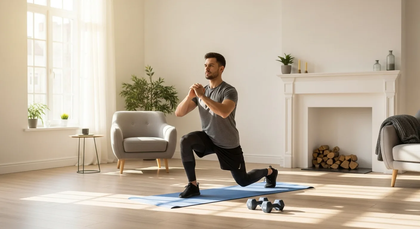 A man practicing a sustainable home exercise program in a bright, modern living room.