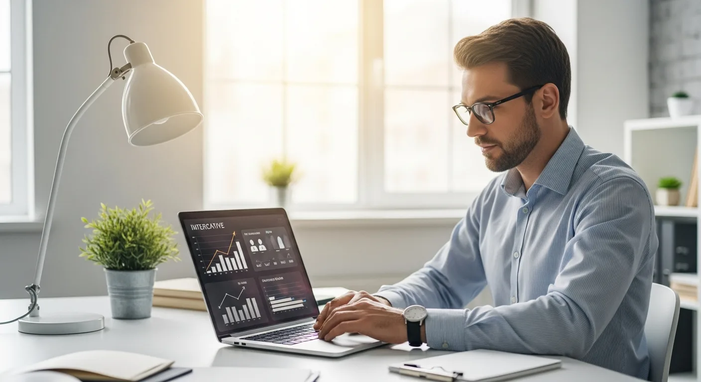 A professional man analyzing organizational growth data using modern hr software solutions on a laptop.
