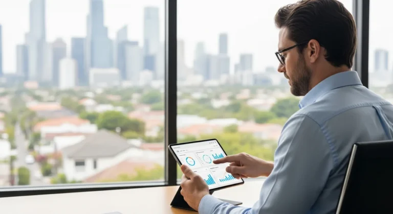 A professional man using HubSpot CRM for real estate on a tablet to manage client data and property listings.