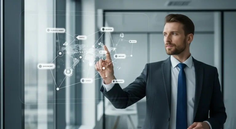 A professional man reviewing a digital interface for integrated strategy framework development to align business goals.