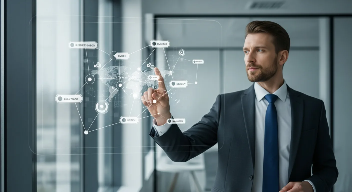 A professional man reviewing a digital interface for integrated strategy framework development to align business goals.