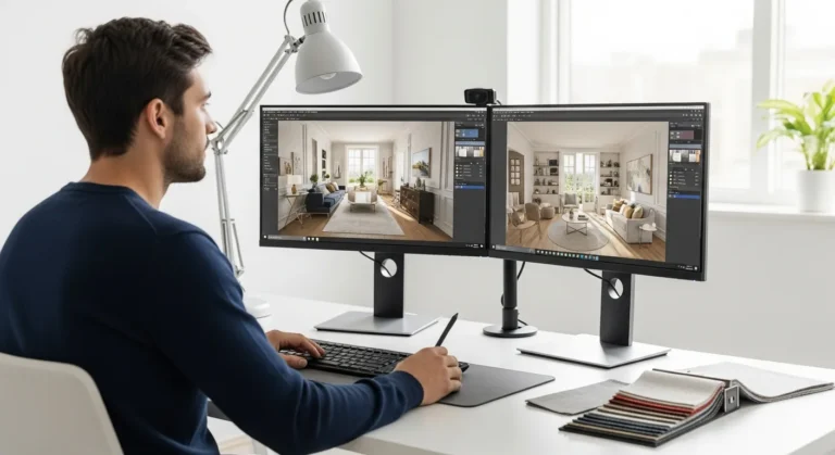 A professional using interior design software on a large monitor to plan a modern, high-end living room layout.