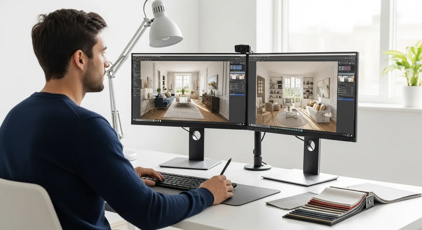 A professional using interior design software on a large monitor to plan a modern, high-end living room layout.