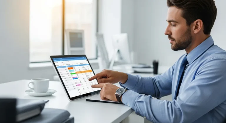 A professional manager using job scheduling software on a tablet to organize business workflows and team tasks.