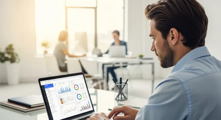 A man analyzing a digital dashboard on job tracking software to identify and resolve office workflow bottlenecks.