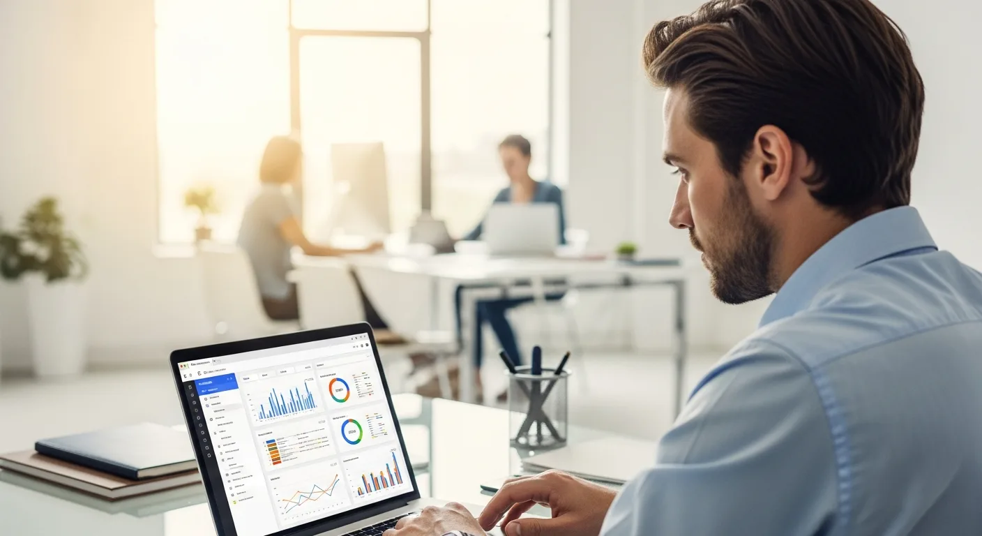 A man analyzing a digital dashboard on job tracking software to identify and resolve office workflow bottlenecks.
