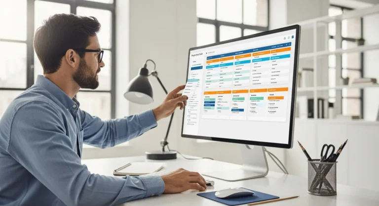 Professional man managing an agile project using digital kanban board software on a large monitor.