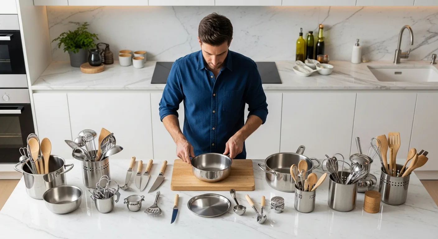 A professional chef organizing high-quality kitchen tools and equipment on a modern marble countertop.