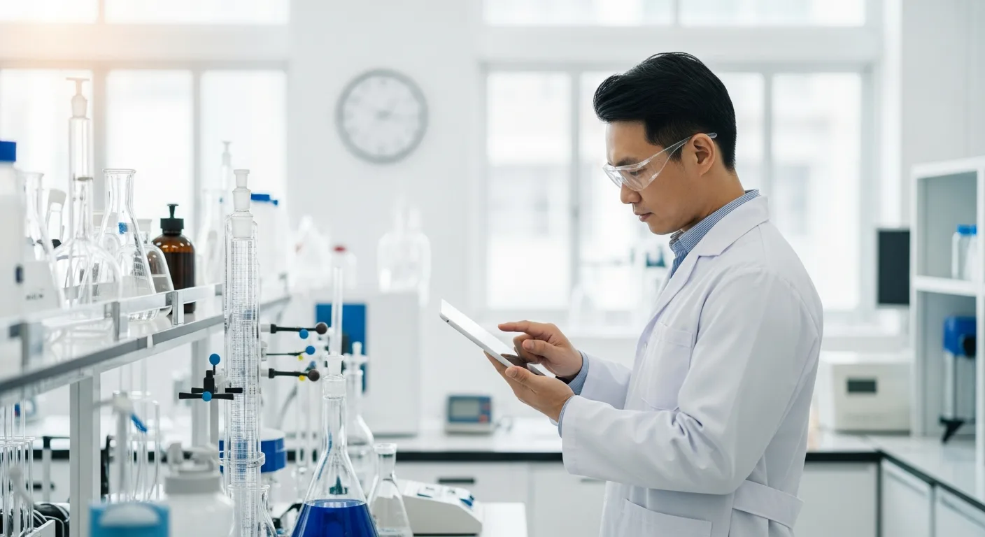 Researcher using lab management software on a tablet to streamline scientific data and research workflows.