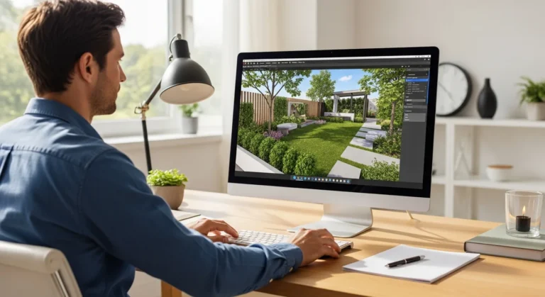A professional using landscape design software to create a detailed 3D garden plan on a desktop computer.