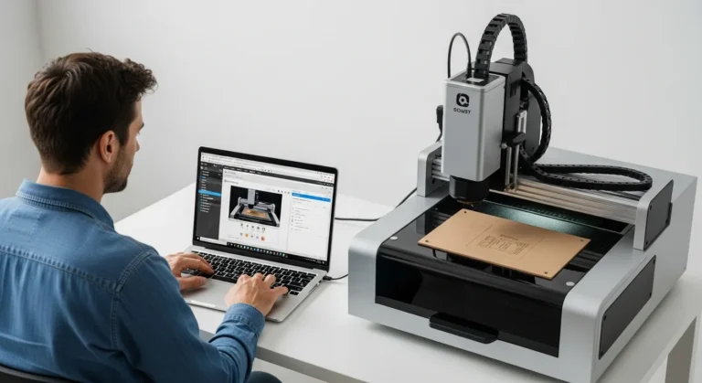 A man adjusting settings on laser engraver software while working at a modern desktop laser cutting station.