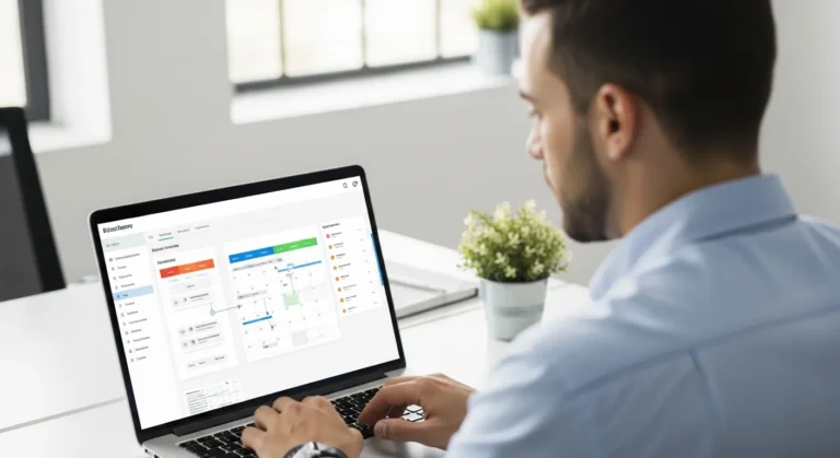 A professional using modern leave management software on a laptop to streamline business operations.