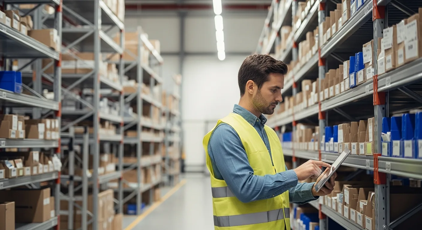 A technician uses manufacturing inventory software on a tablet to manage stock in a modern industrial warehouse.