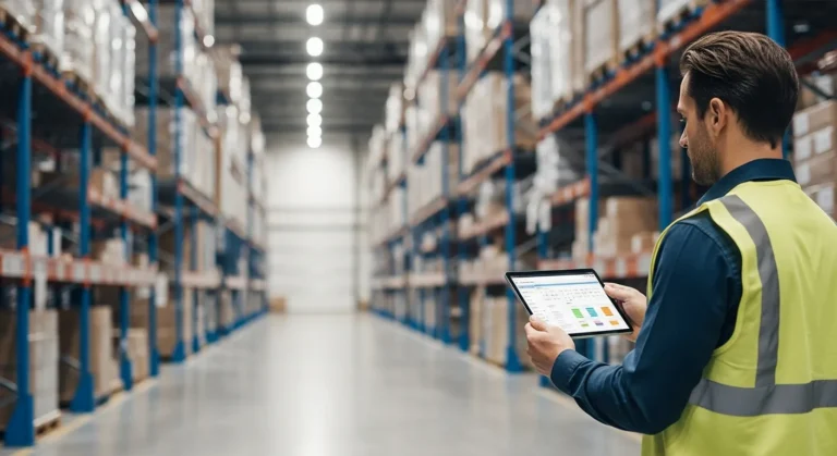 A professional man using material management software on a tablet to track inventory in a modern warehouse.