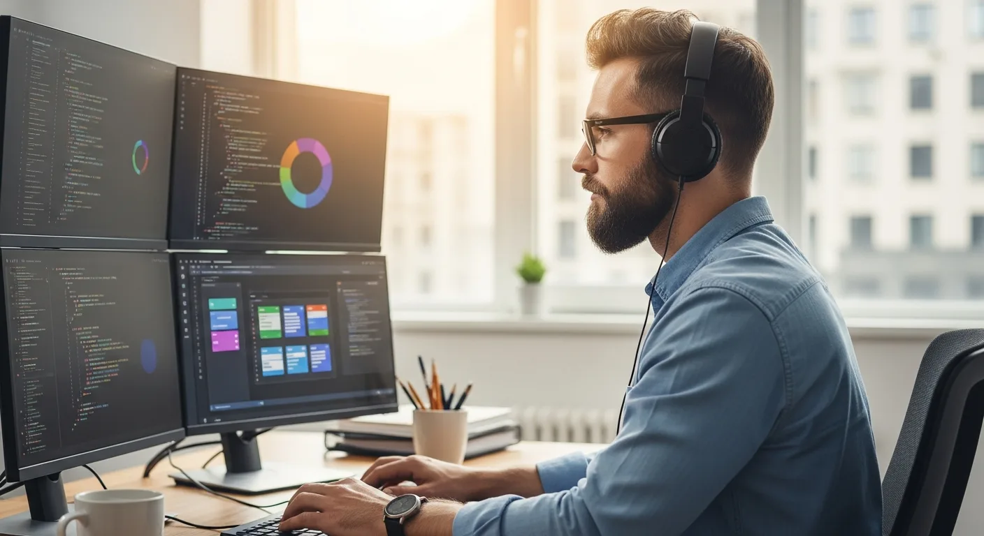 A professional developer analyzing the most popular web frameworks on a sleek multi-monitor workstation.