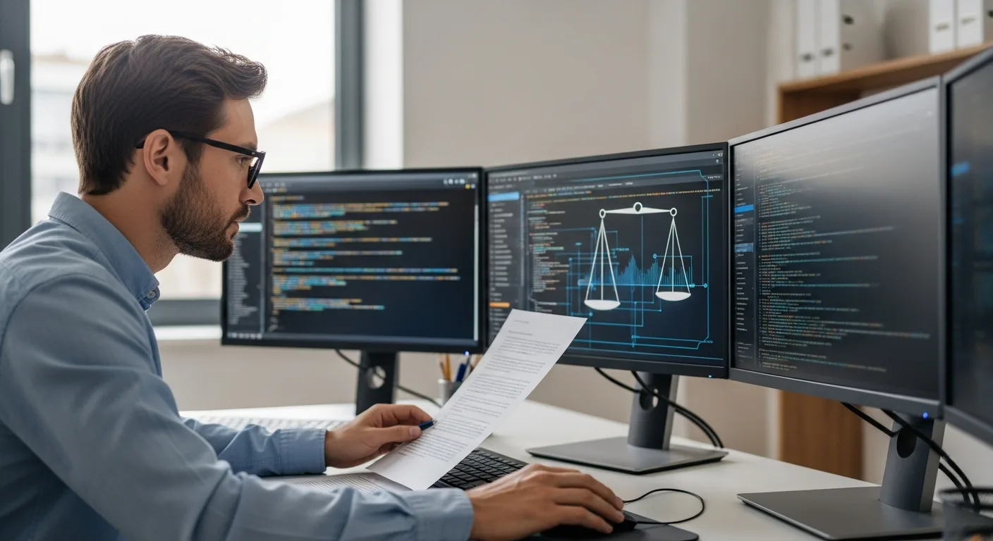 A professional reviewing the latest open source license news and regulatory updates on a computer screen.