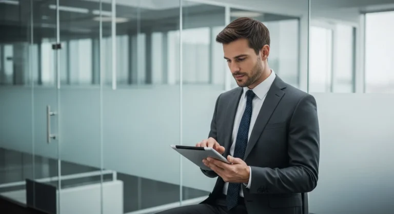 A professional man using Oracle ERP messaging on a tablet to streamline business communication in a modern office.