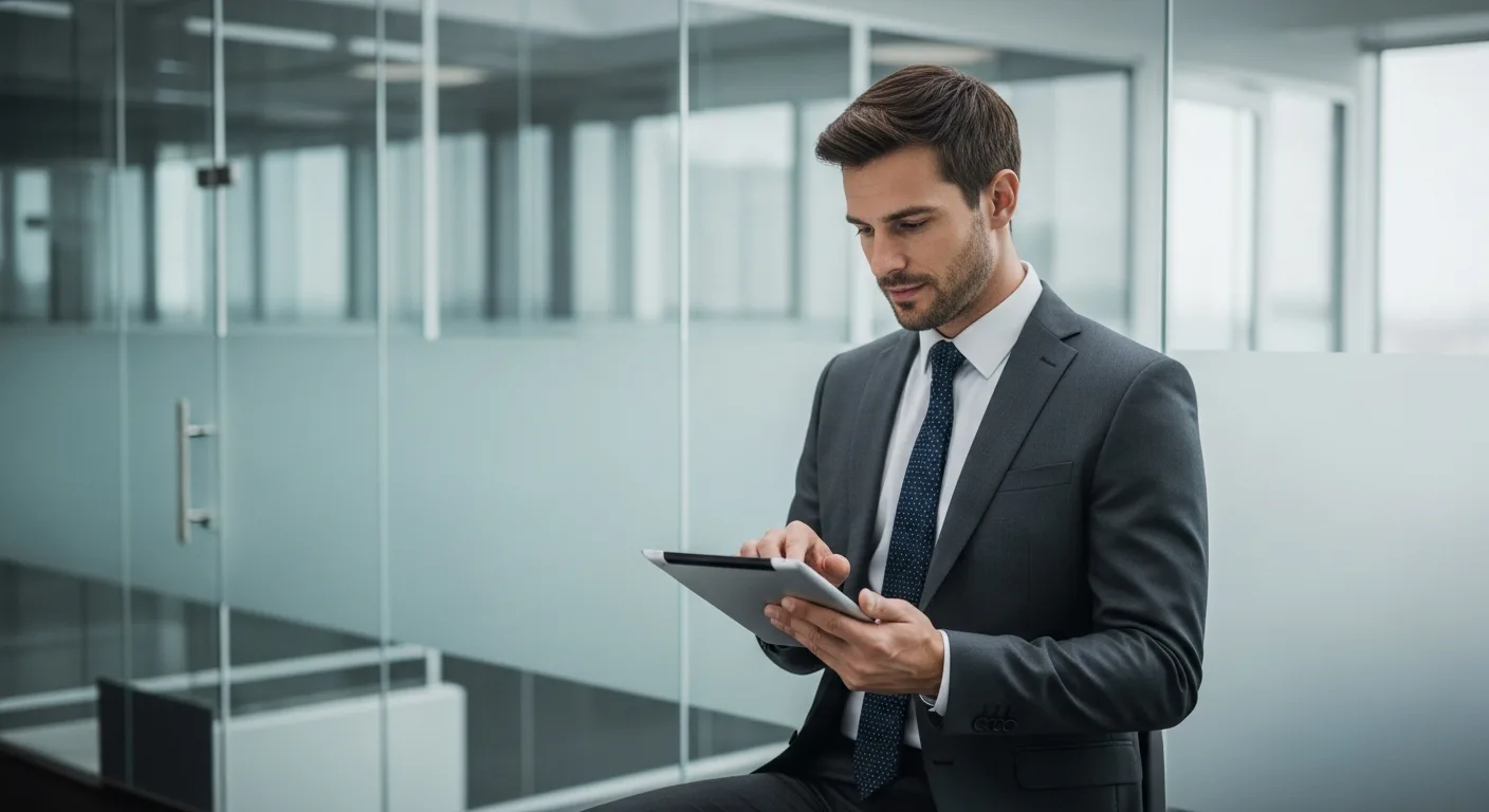 A professional man using Oracle ERP messaging on a tablet to streamline business communication in a modern office.