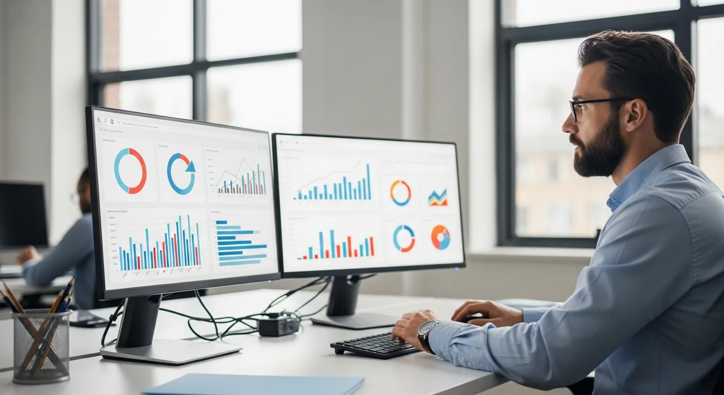 A professional analyzing growth metrics on a digital dashboard using pay per click software.