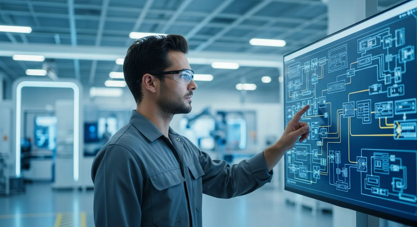 A male engineer uses advanced plc programming software to monitor an automated factory production line.