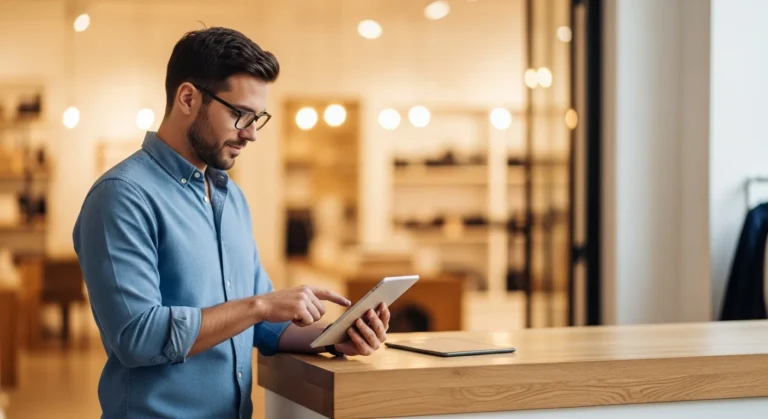 Modern point of sales software displayed on a sleek tablet in a busy, high-end boutique environment.