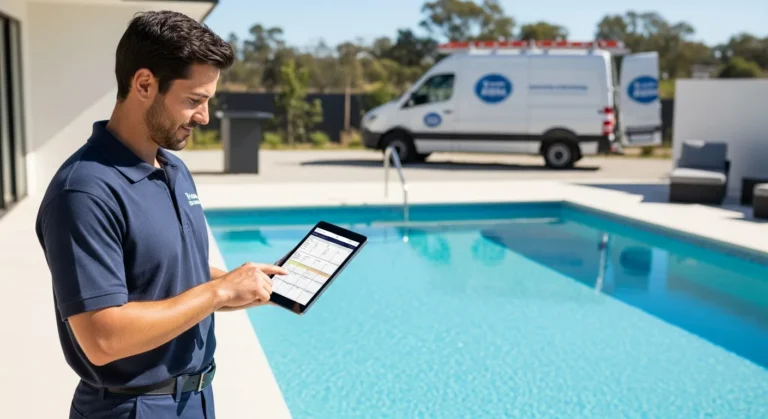 A technician using pool service software on a tablet to manage maintenance tasks next to a residential swimming pool.