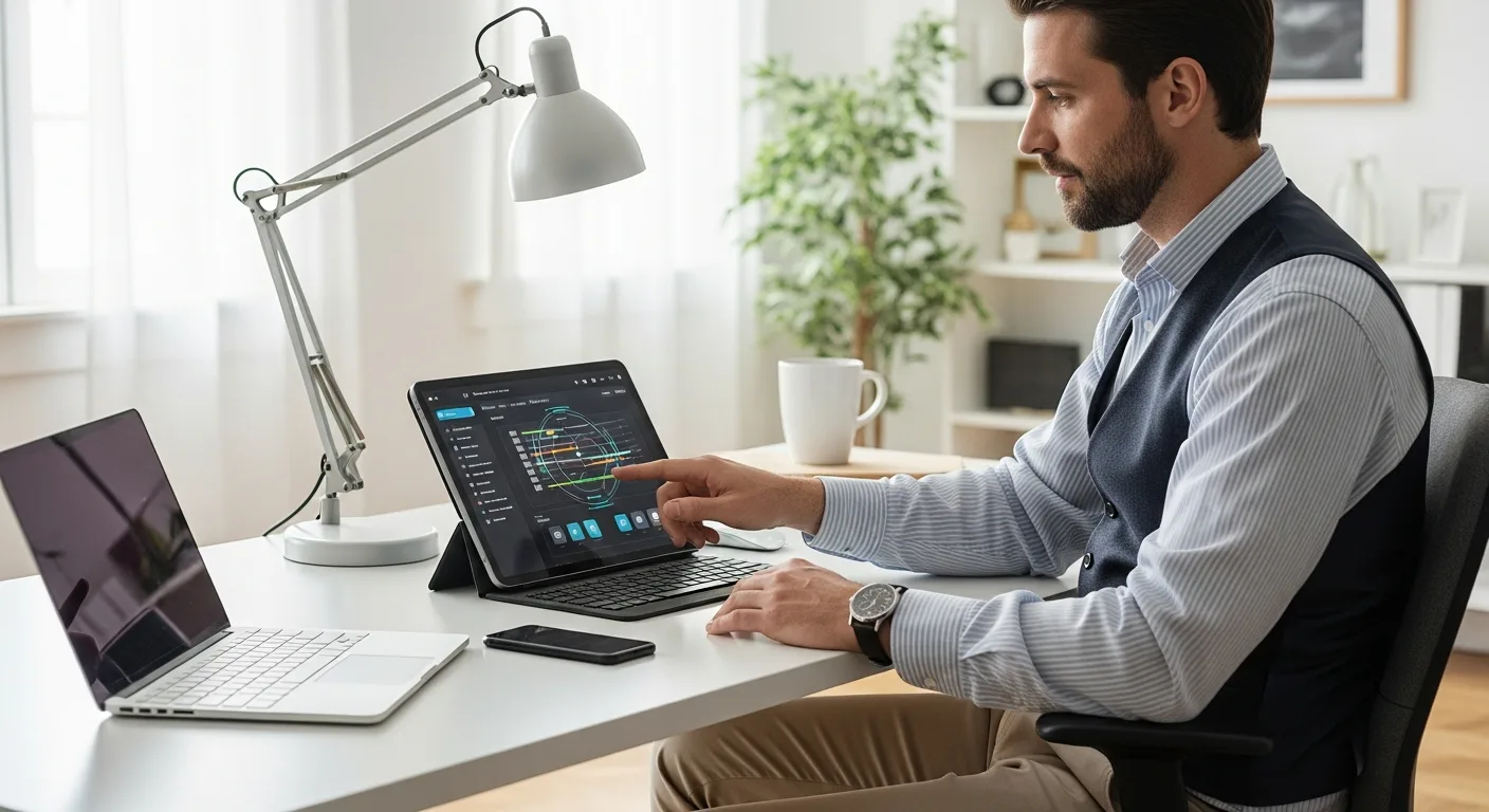 A professional analyzing top productivity software examples on a high-tech tablet in a modern workspace.