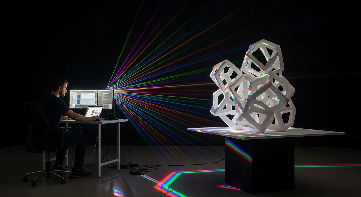 A professional using projection mapping software to create immersive 3D visuals on a complex architectural surface.