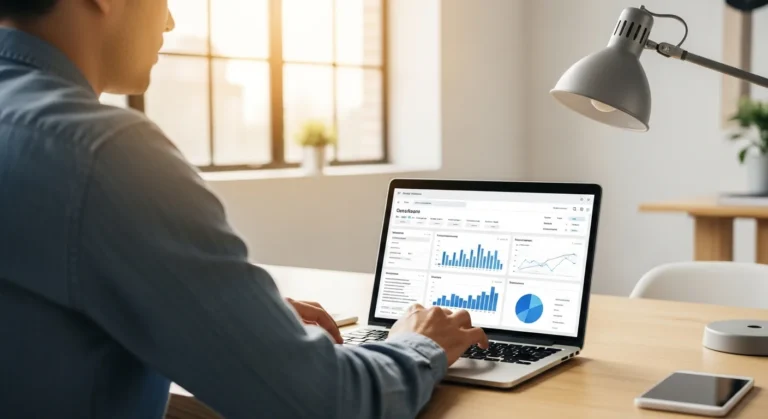 A professional using modern purchase order software on a laptop to manage scalable business procurement.