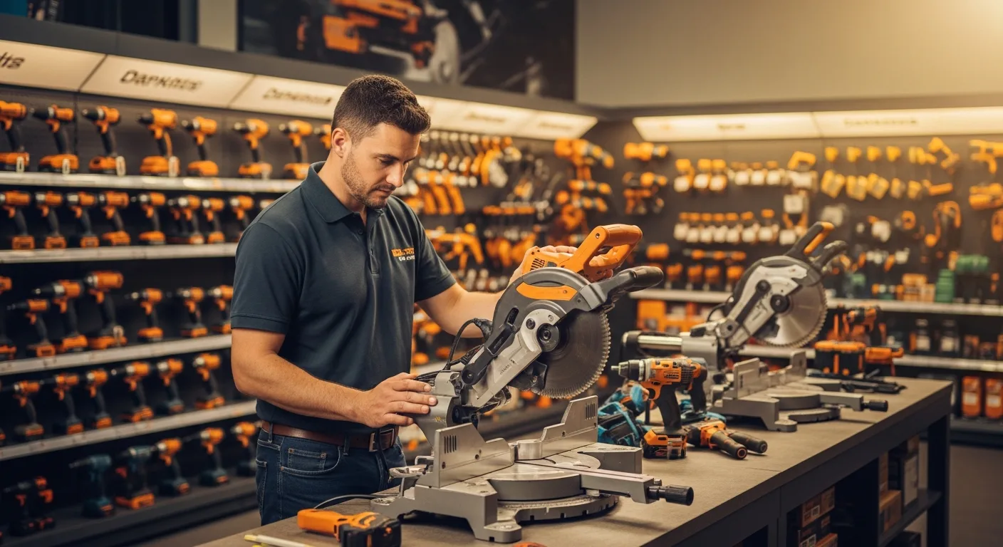 A man inspecting professional equipment to rent power tools for a home renovation project.