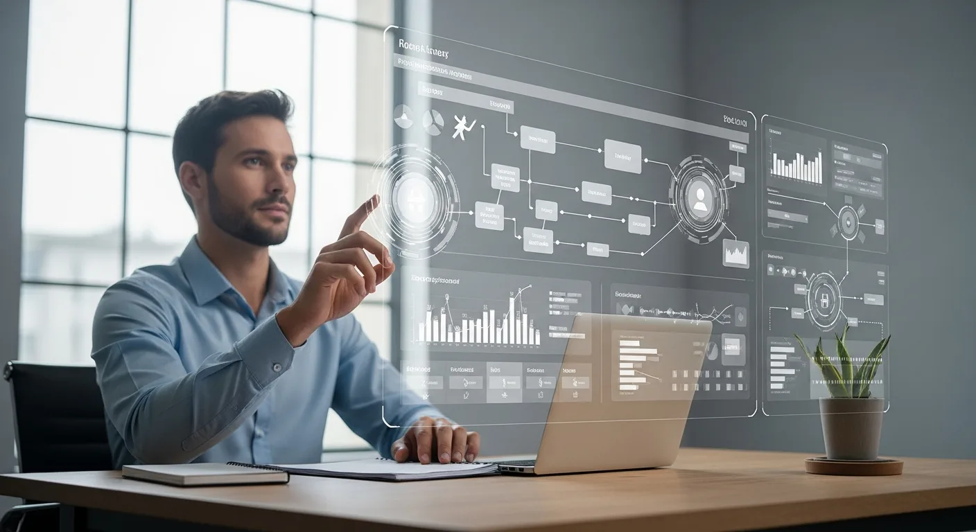A professional reviewing complex data on a dashboard using requirements management software for project organization.
