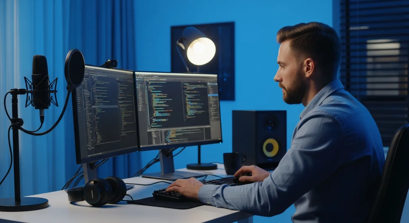 A developer reviewing the riverside api documentation to automate podcast workflows on a dual-monitor setup.