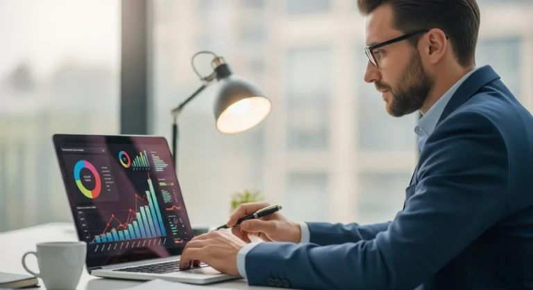 Businessman analyzing sales forecasting software on a laptop to drive strategic business growth.