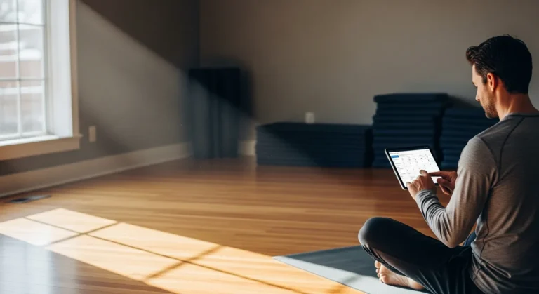 Yoga studio owner managing class bookings with scheduling software yoga on a tablet in a sunny studio.