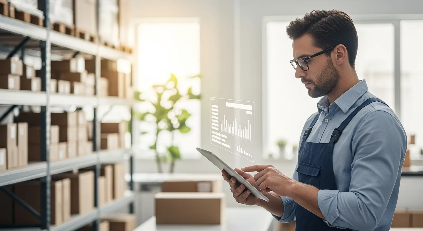 A man using simple inventory software on a tablet to manage stock in a modern small business warehouse.