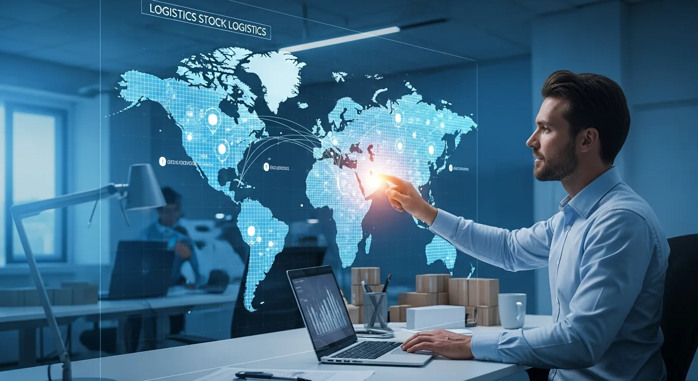 A professional monitoring global logistics using supply chain visibility software on a high-tech digital map.