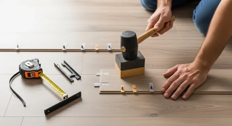 Essential professional tools for flooring installation laid out on a new light oak wood surface.