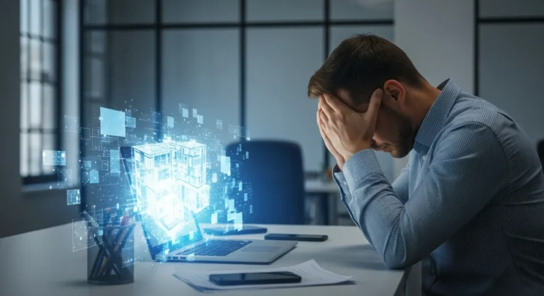 A frustrated professional analyzing complex digital data to understand why software implementations fail.