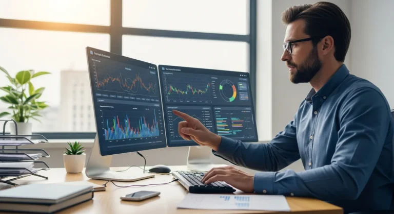 A businessman reviewing financial growth data on a modern accounting erp system interface.