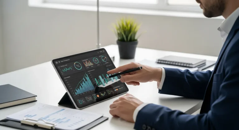 Professional using modern accounting erp systems on a tablet to manage digital financial data in a sleek office.
