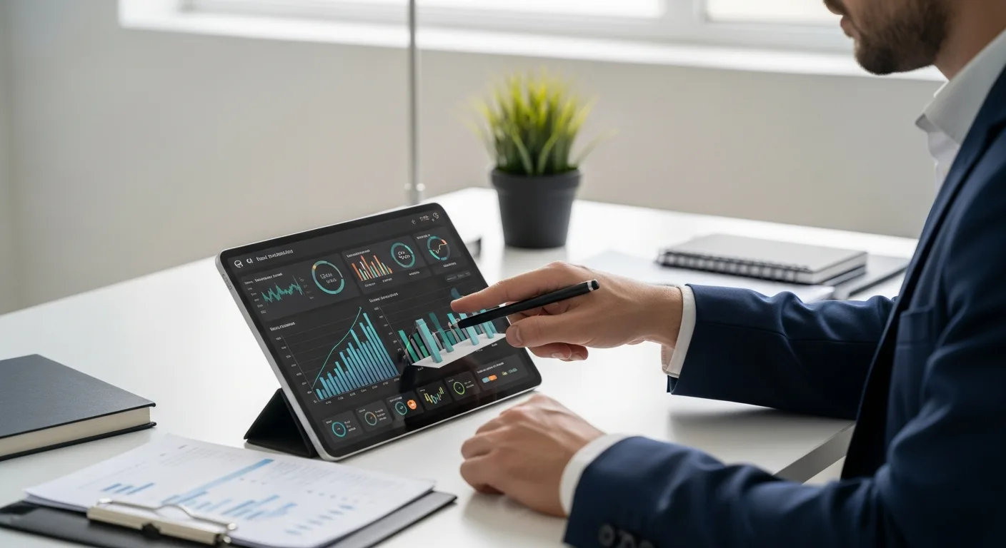 Professional using modern accounting erp systems on a tablet to manage digital financial data in a sleek office.